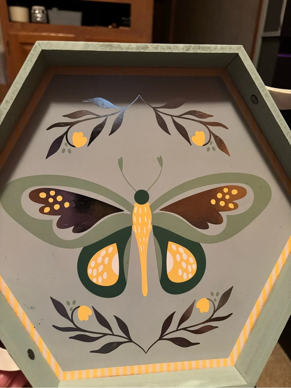 Hand-Painted Hexagon Butterfly Serving Tray in Sage + Yellow